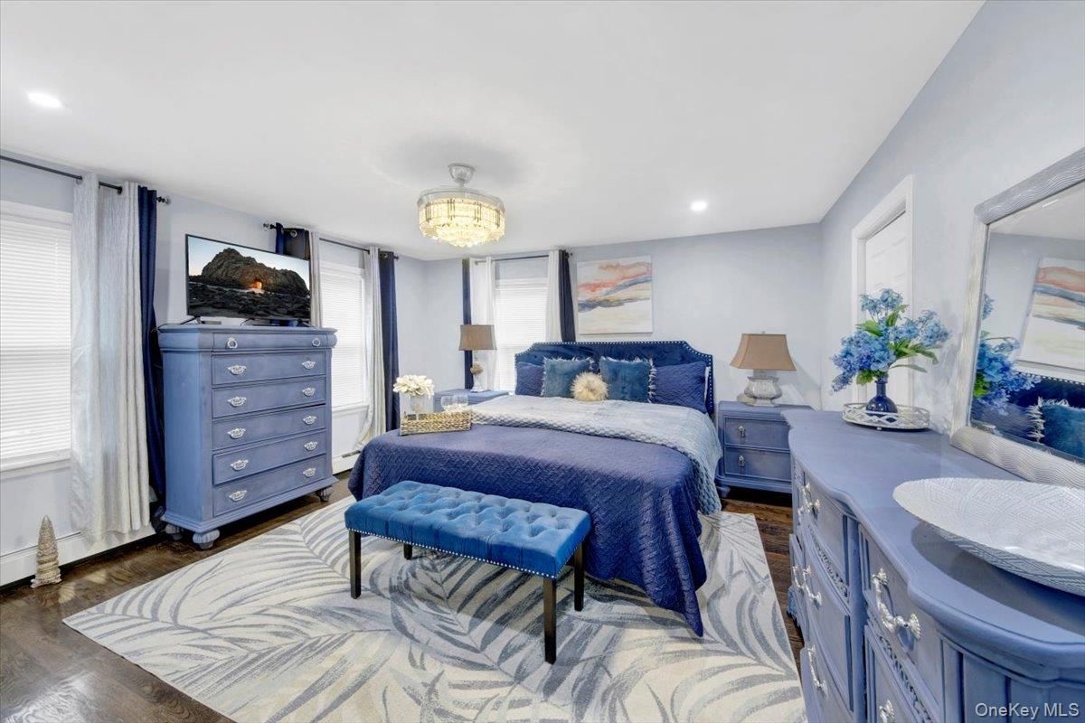 Bedroom, Chandelier, Interior, Recessed Lighting, Wood Texture Flooring