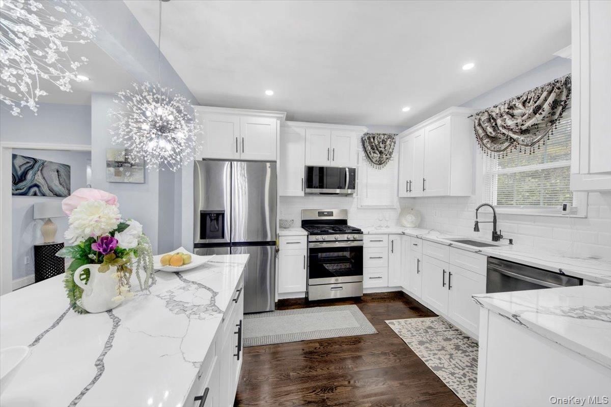 Chandelier, Interior, Kitchen, Recessed Lighting, Stainless Steel Appliances, Wood Texture Flooring