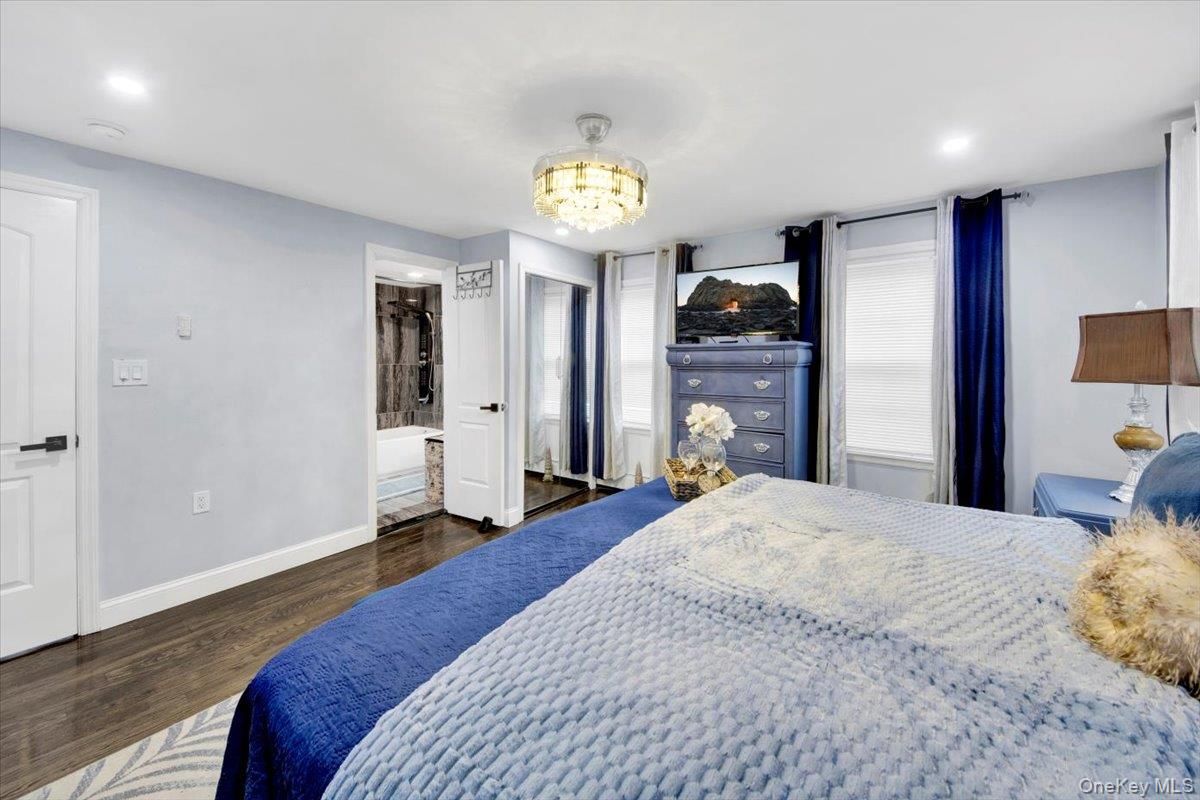 Bedroom, Chandelier, Interior, Recessed Lighting, Wood Texture Flooring