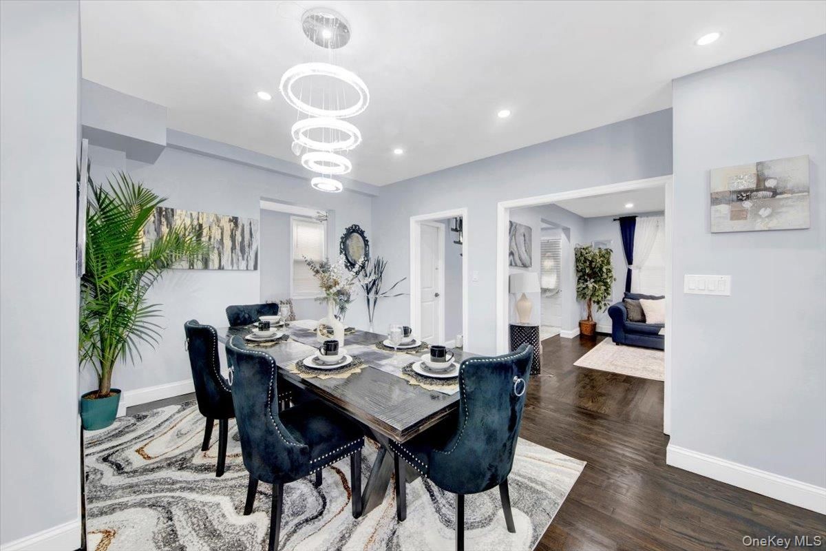 Dining room, Interior, Pendant Lights, Recessed Lighting, Wood Texture Flooring