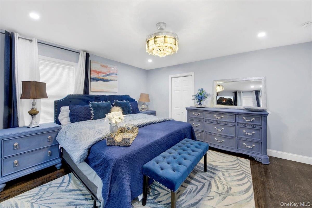Bedroom, Chandelier, Interior, Recessed Lighting, Wood Texture Flooring