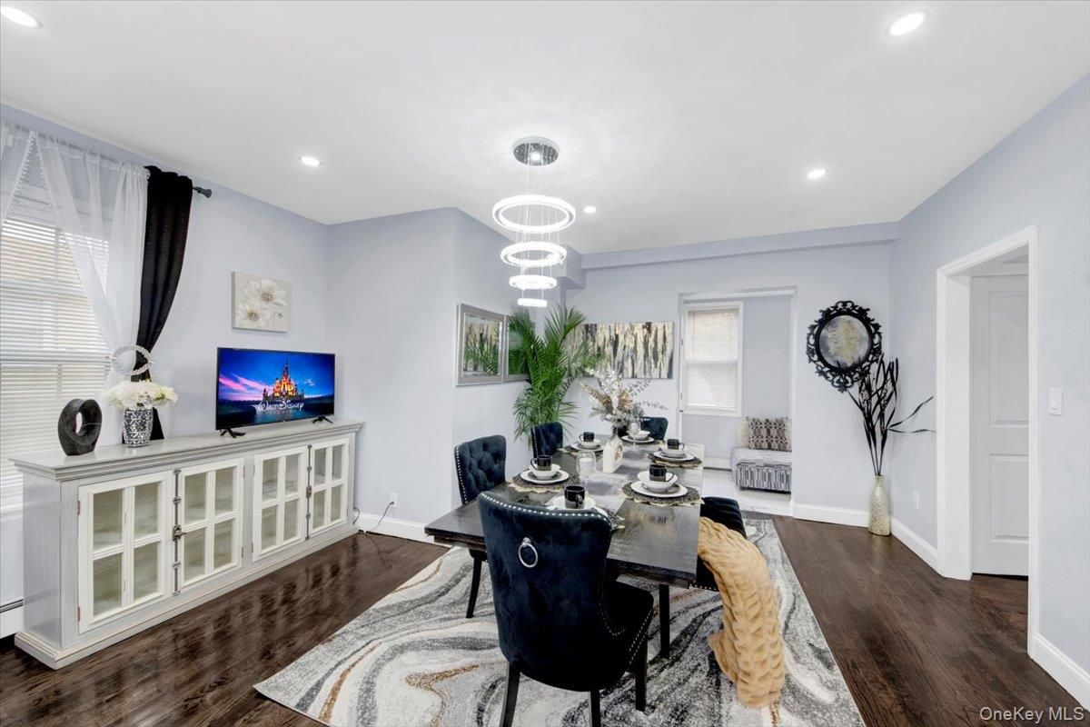 Dining room, Interior, Pendant Lights, Recessed Lighting, Wood Texture Flooring