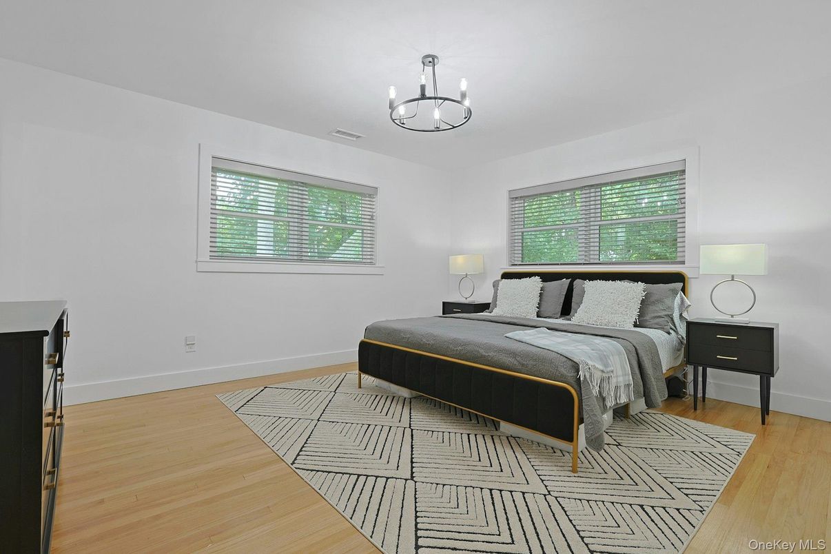Bedroom, Chandelier, Interior, Wood Texture Flooring