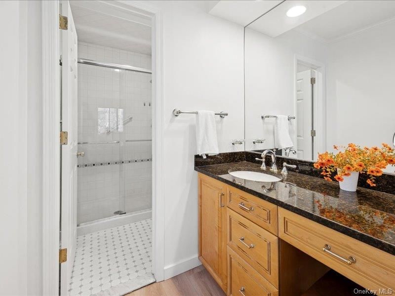 Bathroom, Glass Shower, Interior, Recessed Lighting, Wood Texture Flooring