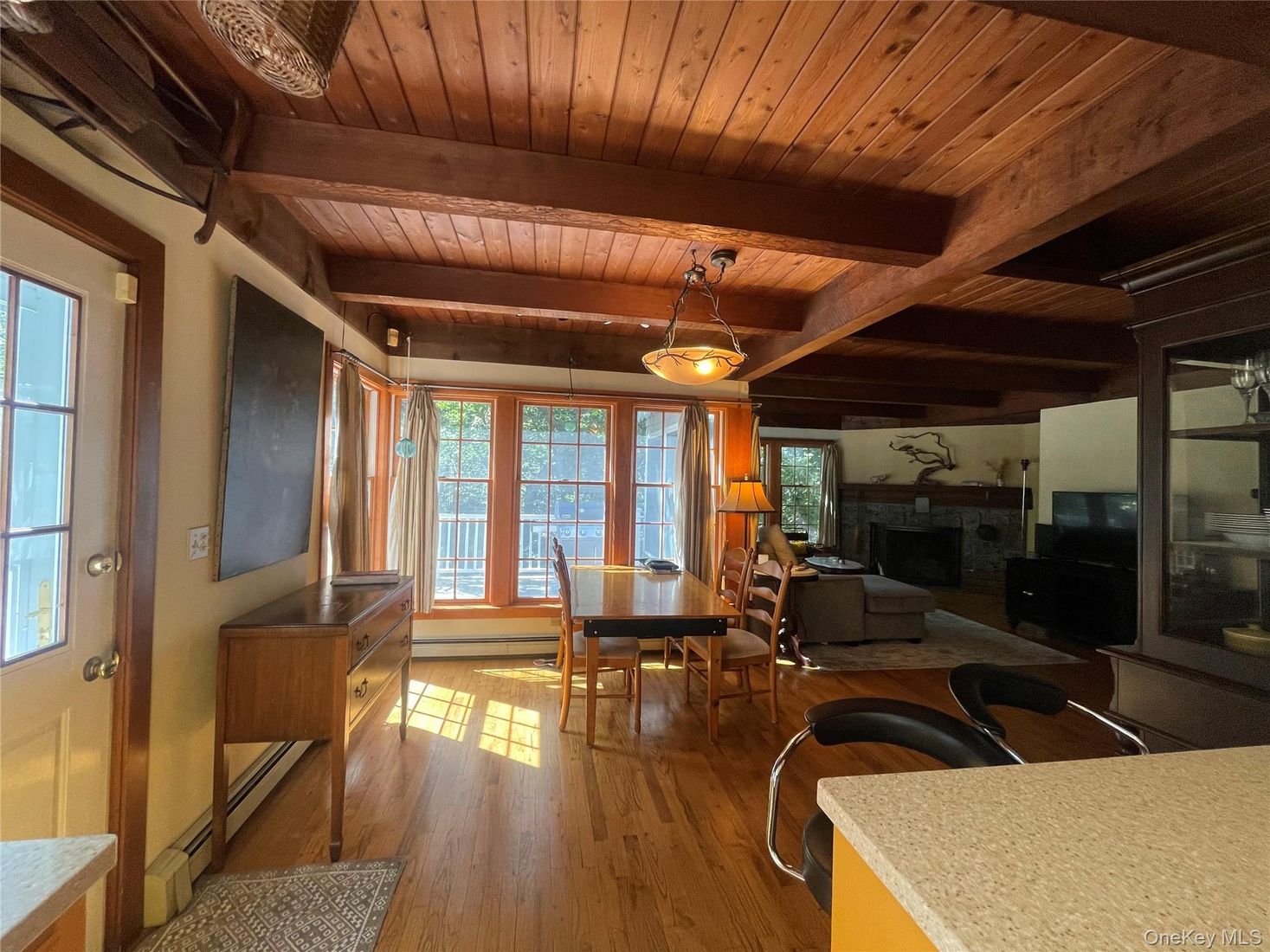 Dining room, Fireplace, Interior, Wooden Beams, Wooden Ceilings, Wood Texture Flooring