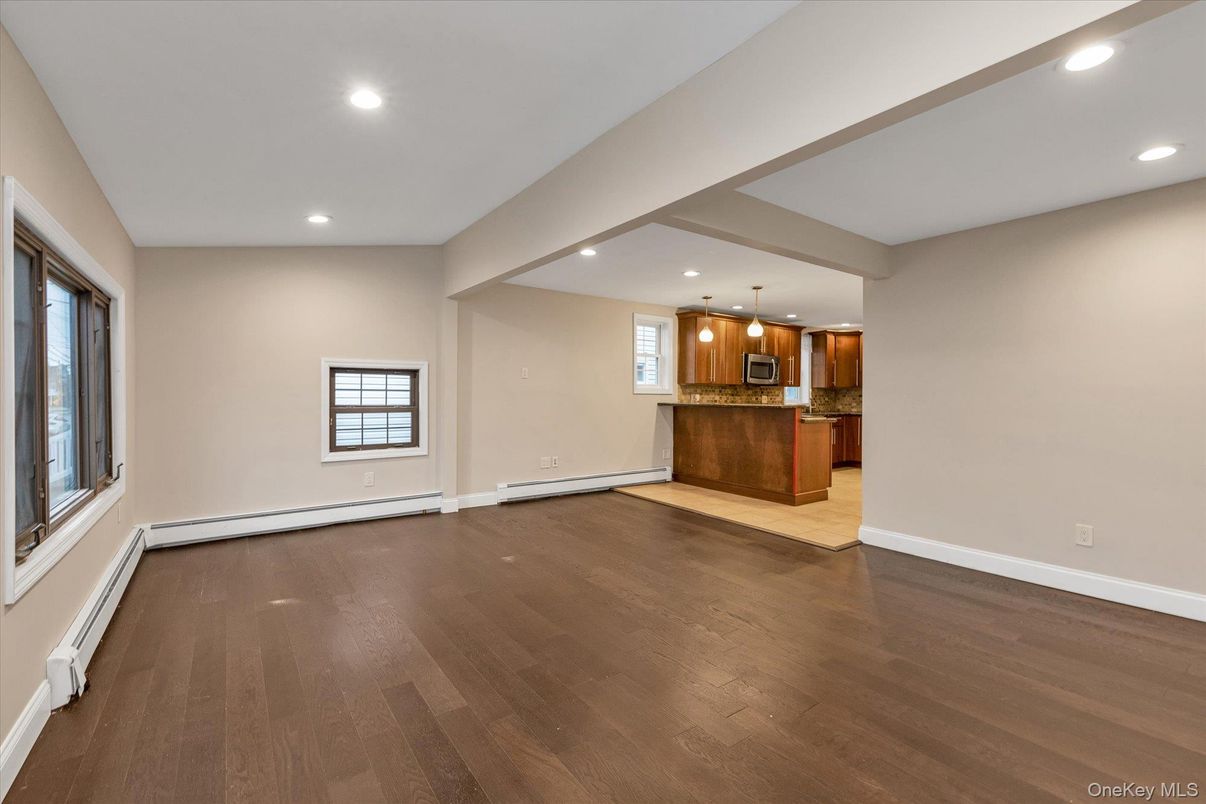 Empty room, Interior, Kitchen, Pendant Lights, Recessed Lighting, Wood Texture Flooring