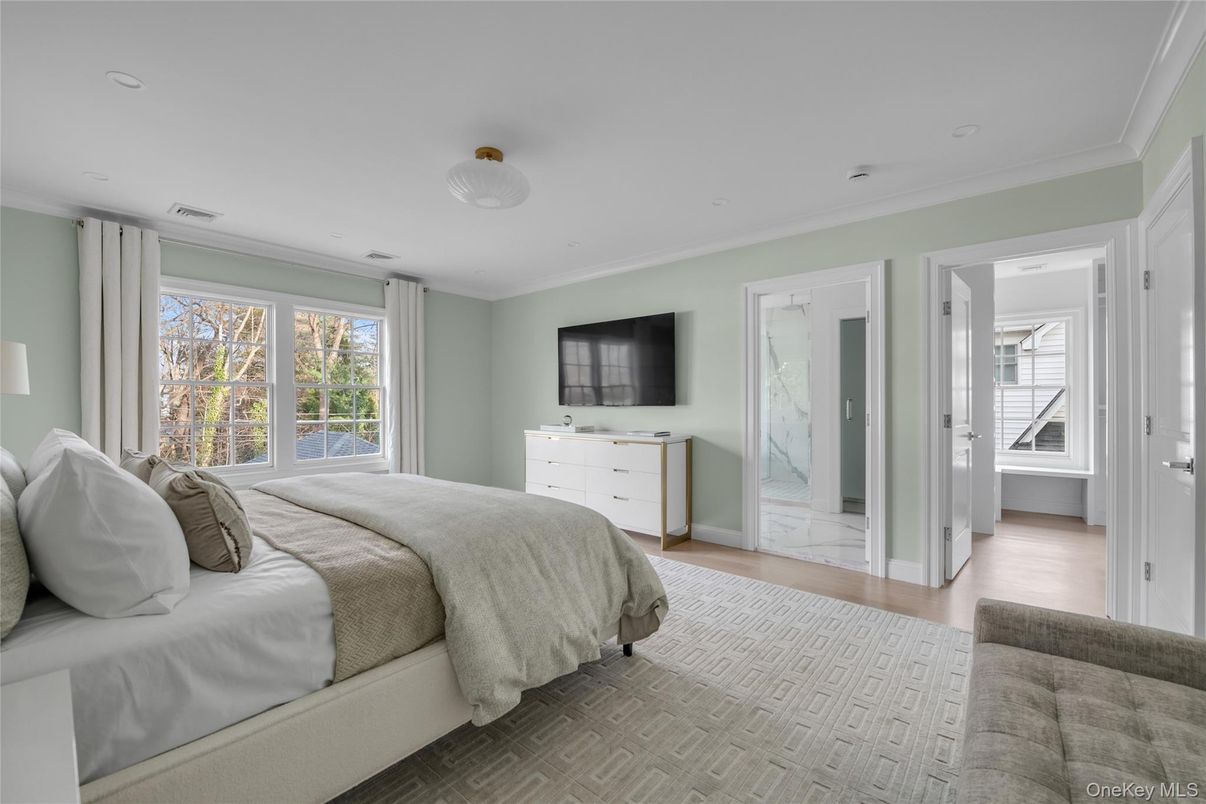 Bedroom, Interior, Marble Walls, Recessed Lighting, Wood Texture Flooring