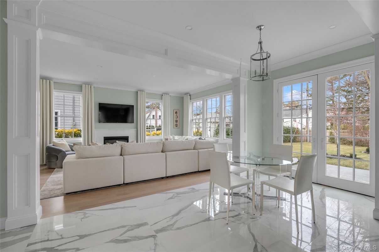 Dining room, Fireplace, Interior, Living room, Marble, Pendant Lights, Recessed Lighting