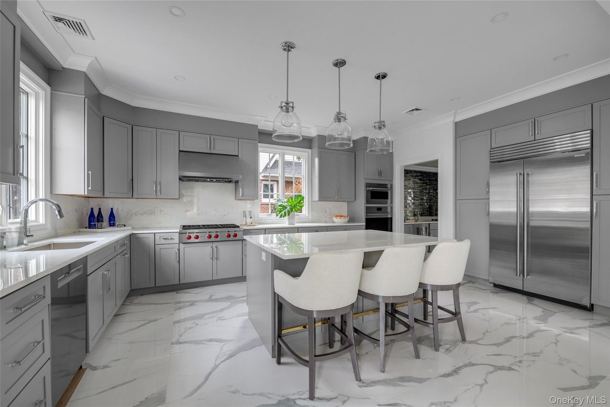 Interior, Kitchen, Marble, Pendant Lights, Recessed Lighting, Stainless Steel Appliances