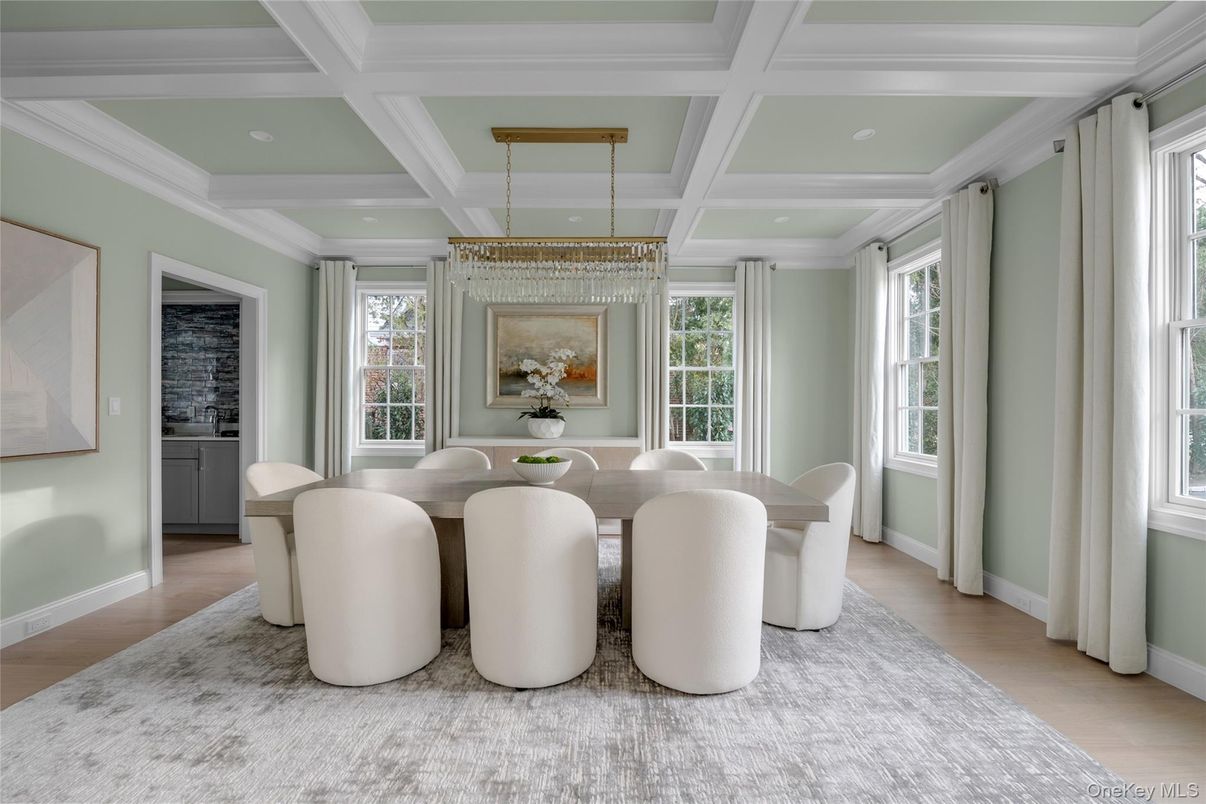 Chandelier, Dining room, Interior, Recessed Lighting, Wood Texture Flooring