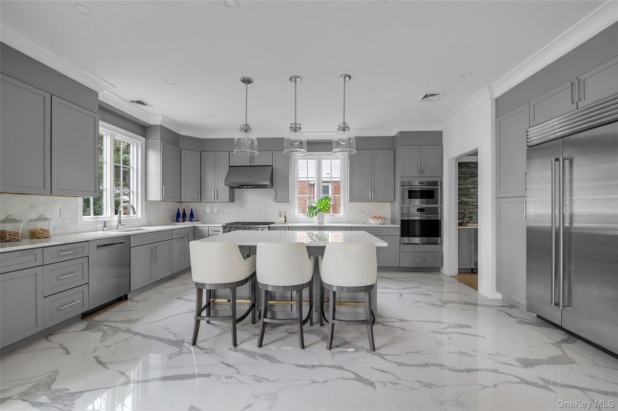 Interior, Kitchen, Marble, Pendant Lights, Recessed Lighting, Stainless Steel Appliances