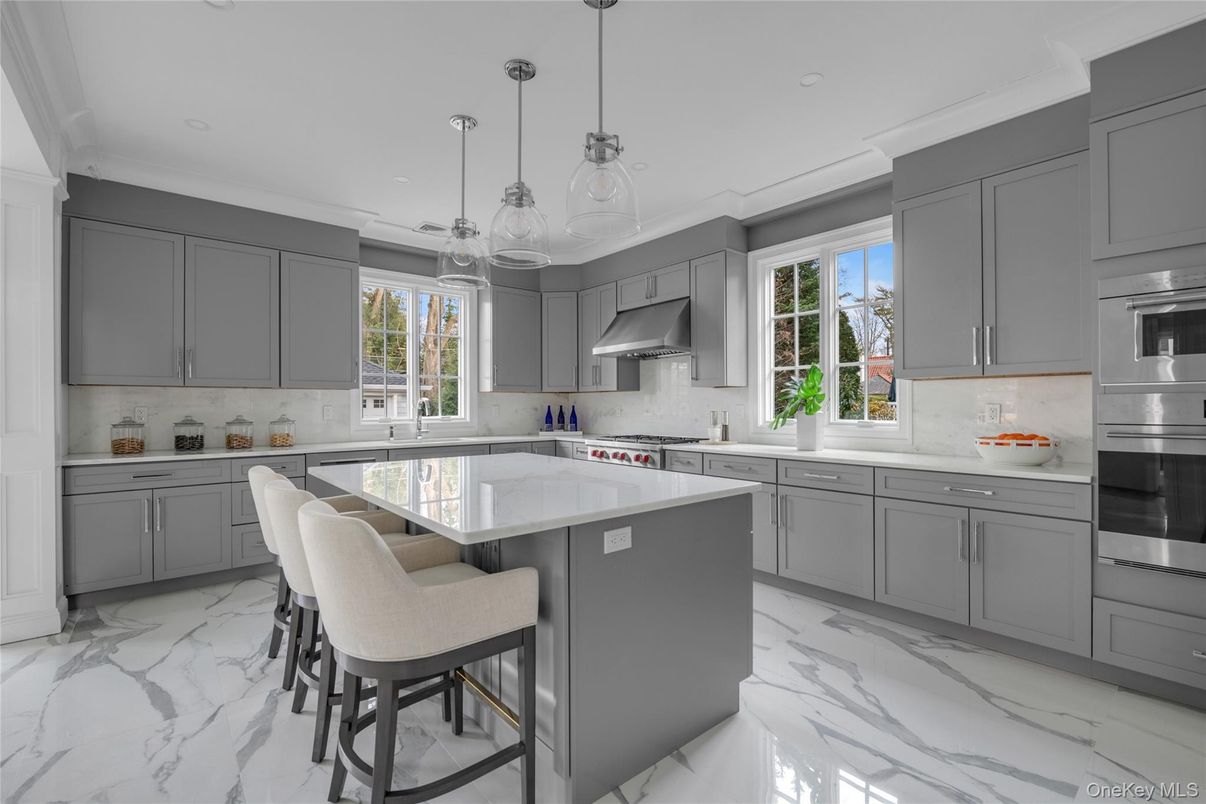 Interior, Kitchen, Marble, Pendant Lights, Recessed Lighting, Stainless Steel Appliances