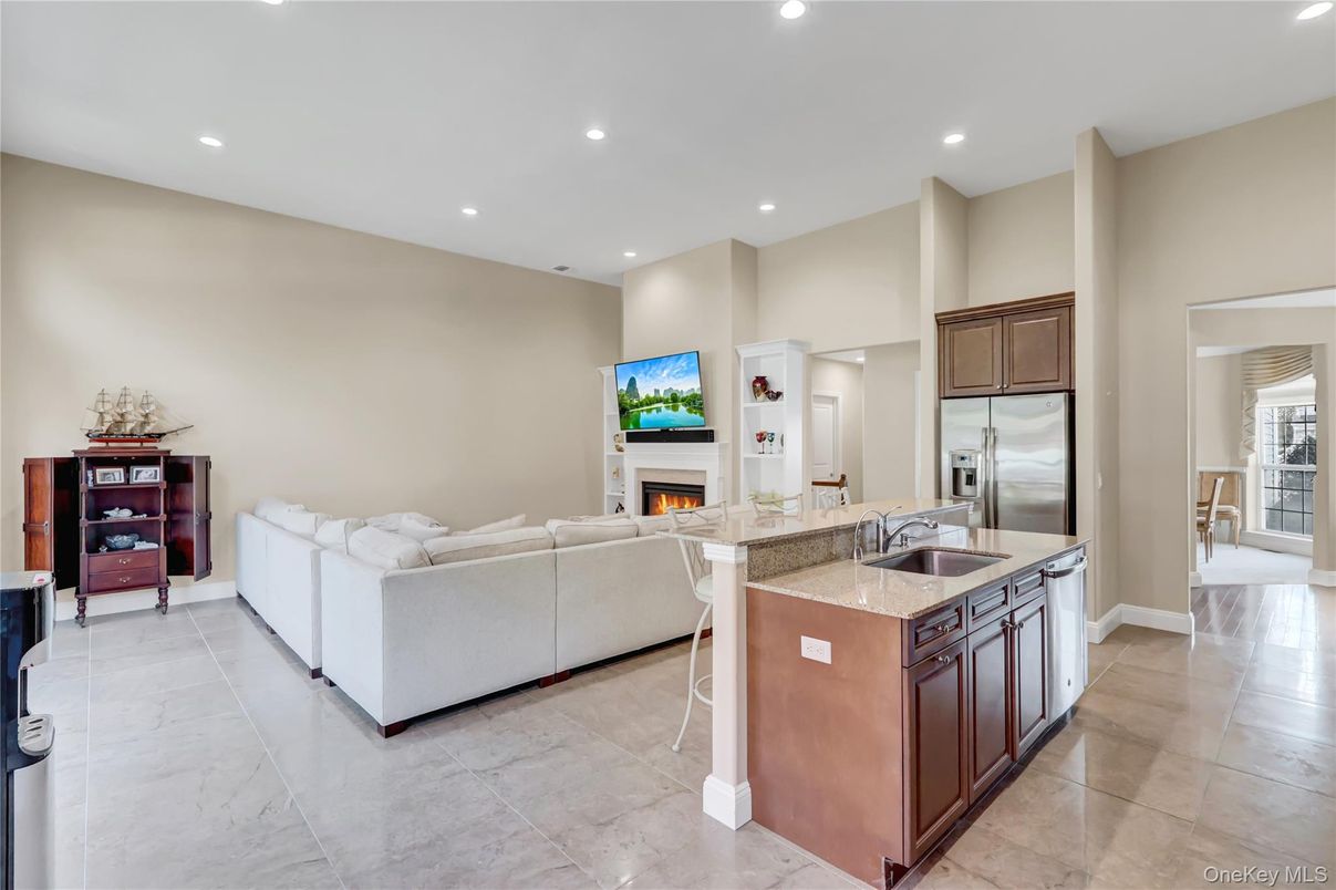 Fireplace, Interior, Kitchen, Living room, Recessed Lighting