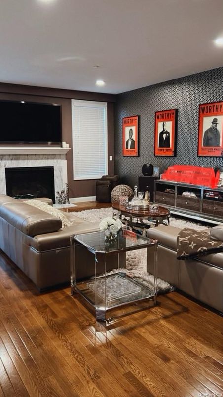 Fireplace, Interior, Living room, Recessed Lighting, Wood Texture Flooring