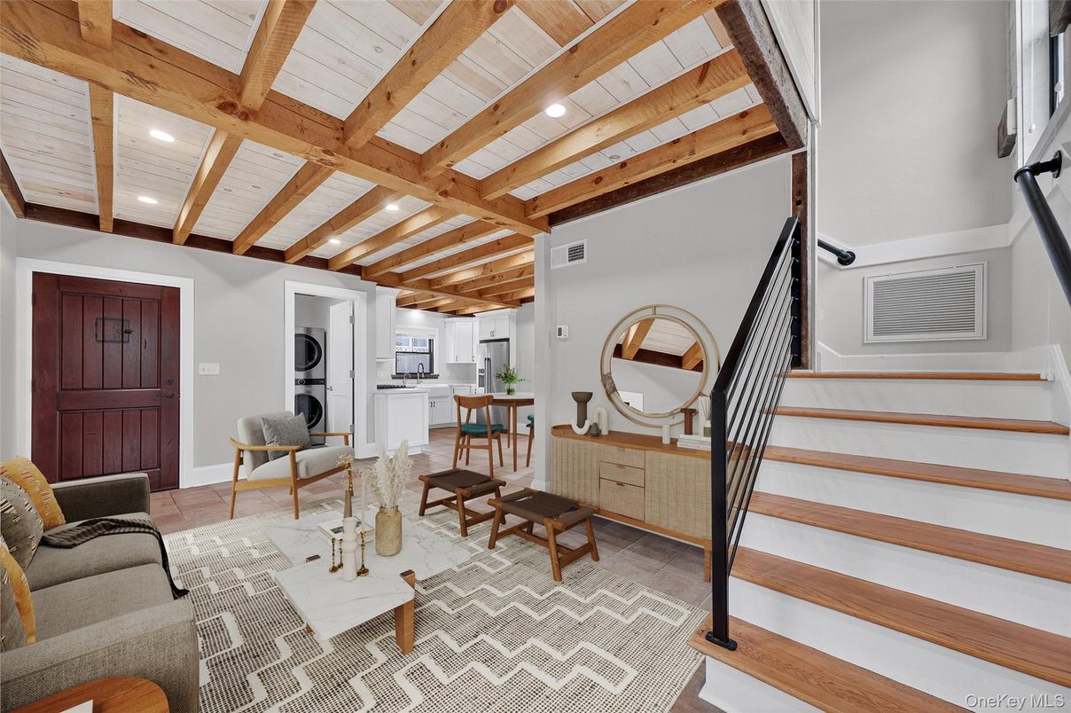 Interior, Living room, Recessed Lighting, Wooden Beams