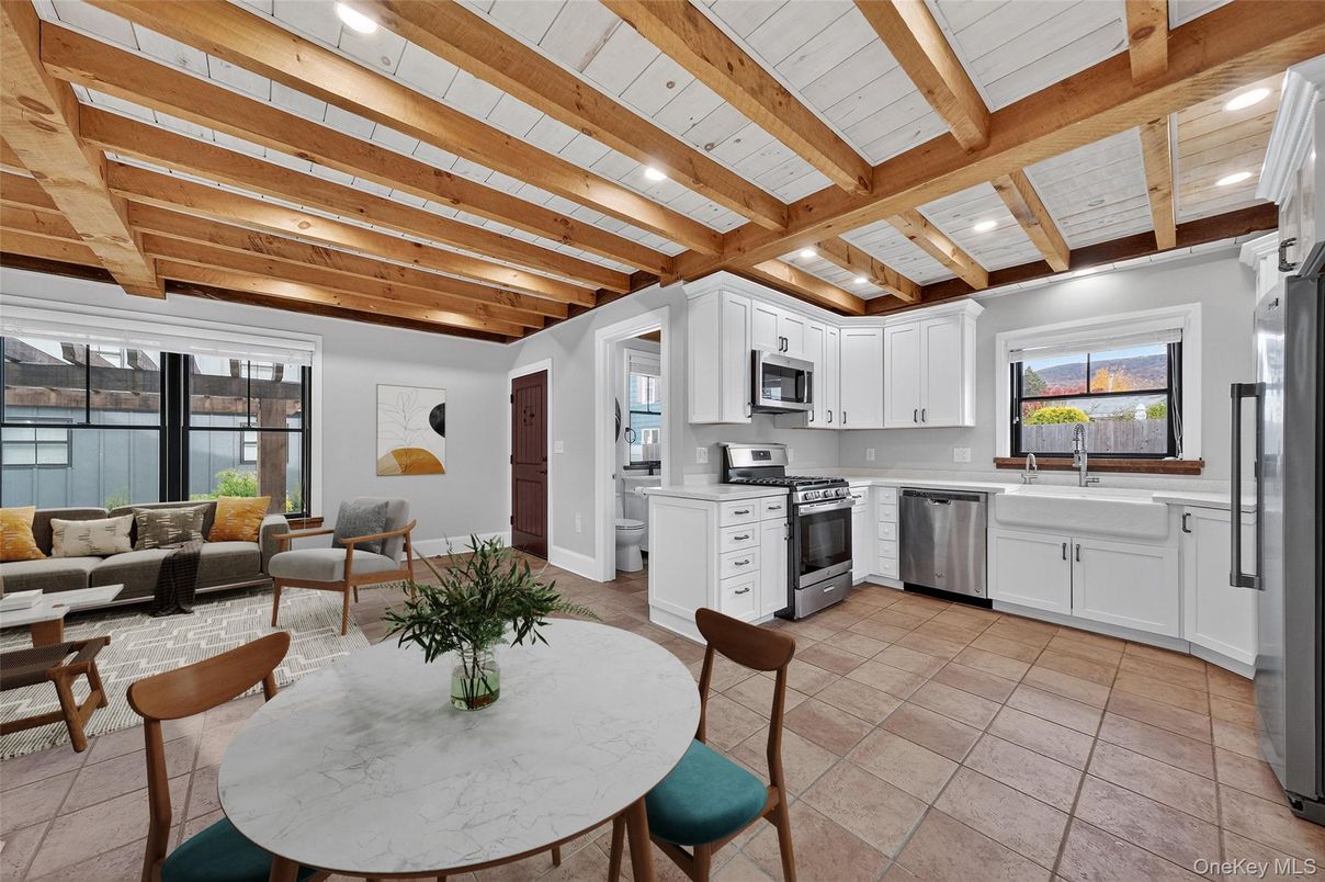 Dining room, Interior, Kitchen, Living room, Recessed Lighting, Stainless Steel Appliances, Wooden Beams