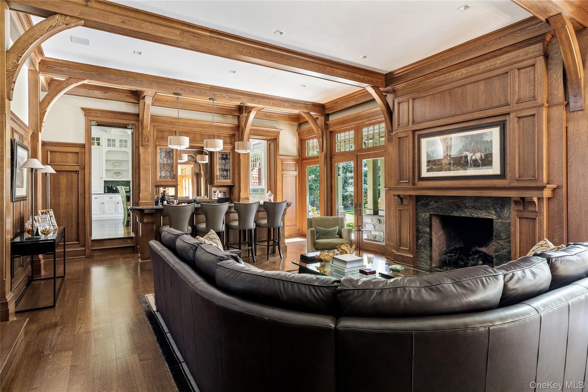 Fireplace, Interior, Living room, Pendant Lights, Recessed Lighting, Wooden Beams, Wood Texture Flooring, Wooden Walls