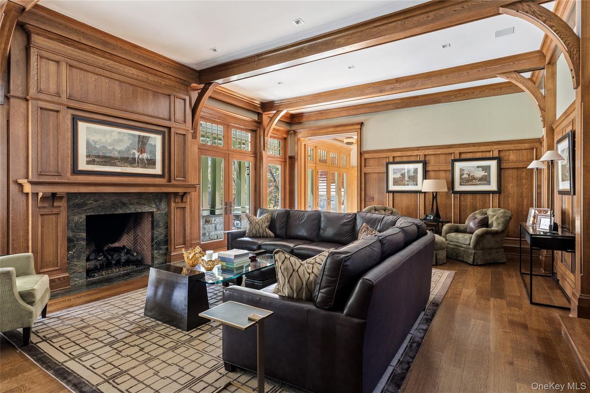 Fireplace, Interior, Living room, Recessed Lighting, Wooden Beams, Wood Texture Flooring, Wooden Walls