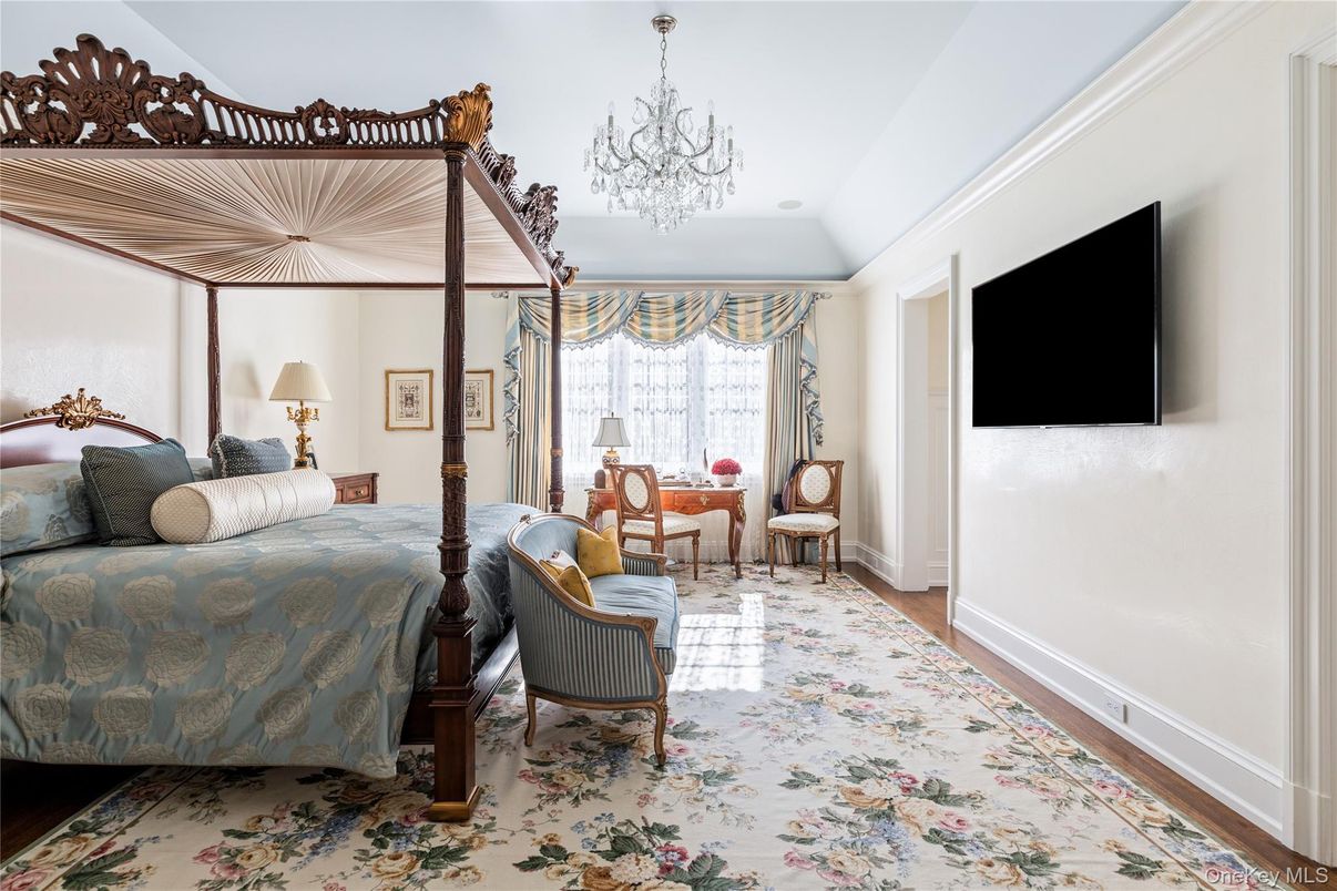 Bedroom, Chandelier, Interior, Wood Texture Flooring