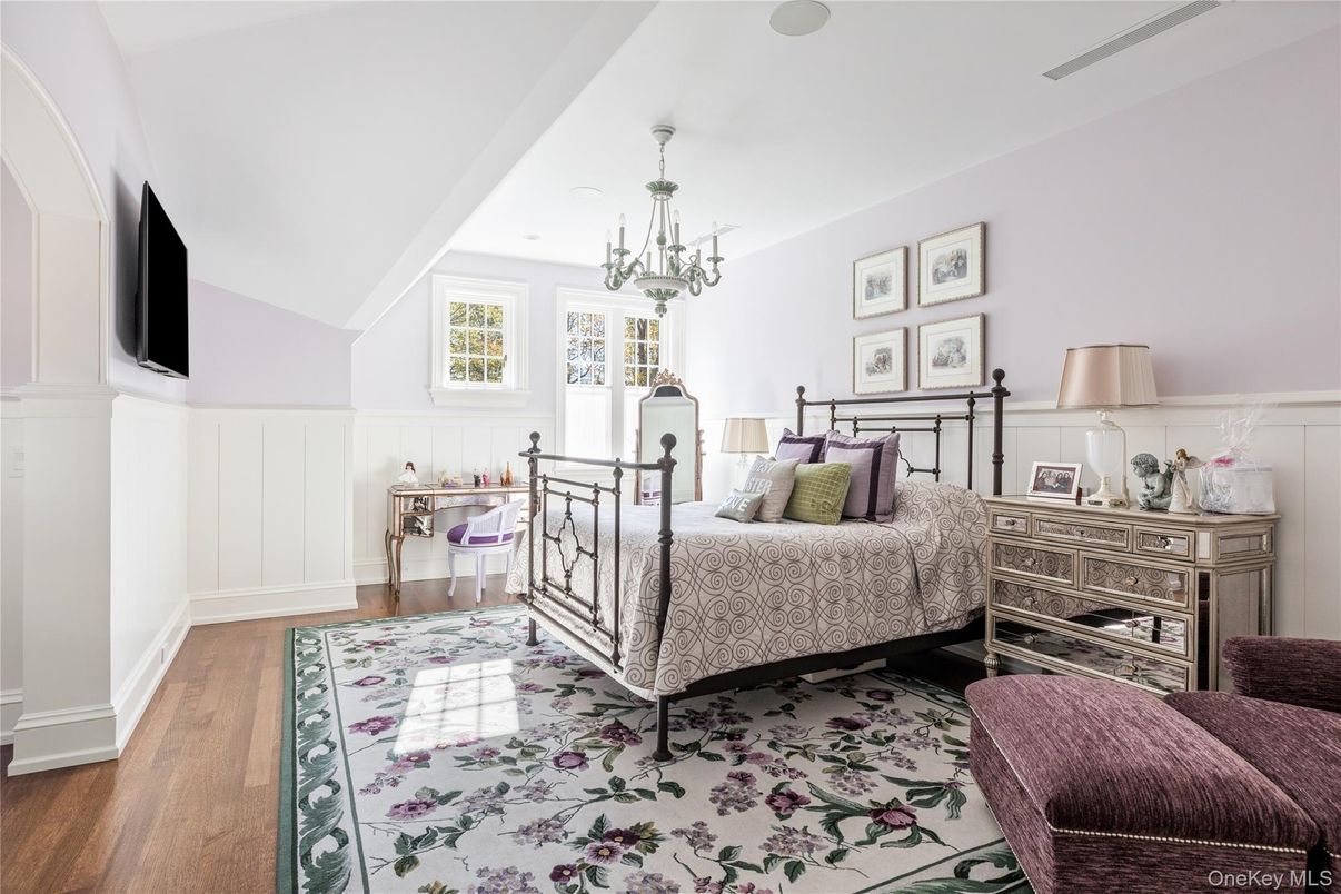 Bedroom, Chandelier, Interior, Wood Texture Flooring