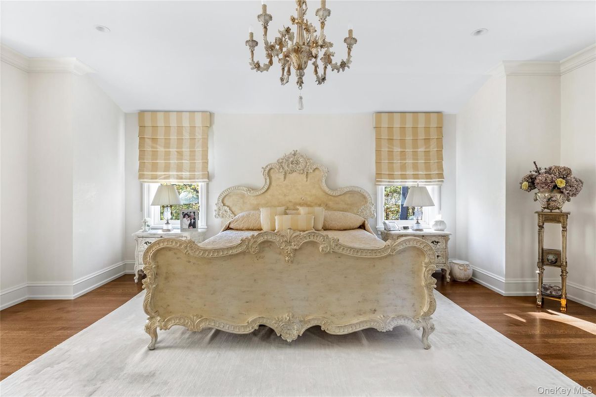 Bedroom, Chandelier, Interior, Wood Texture Flooring