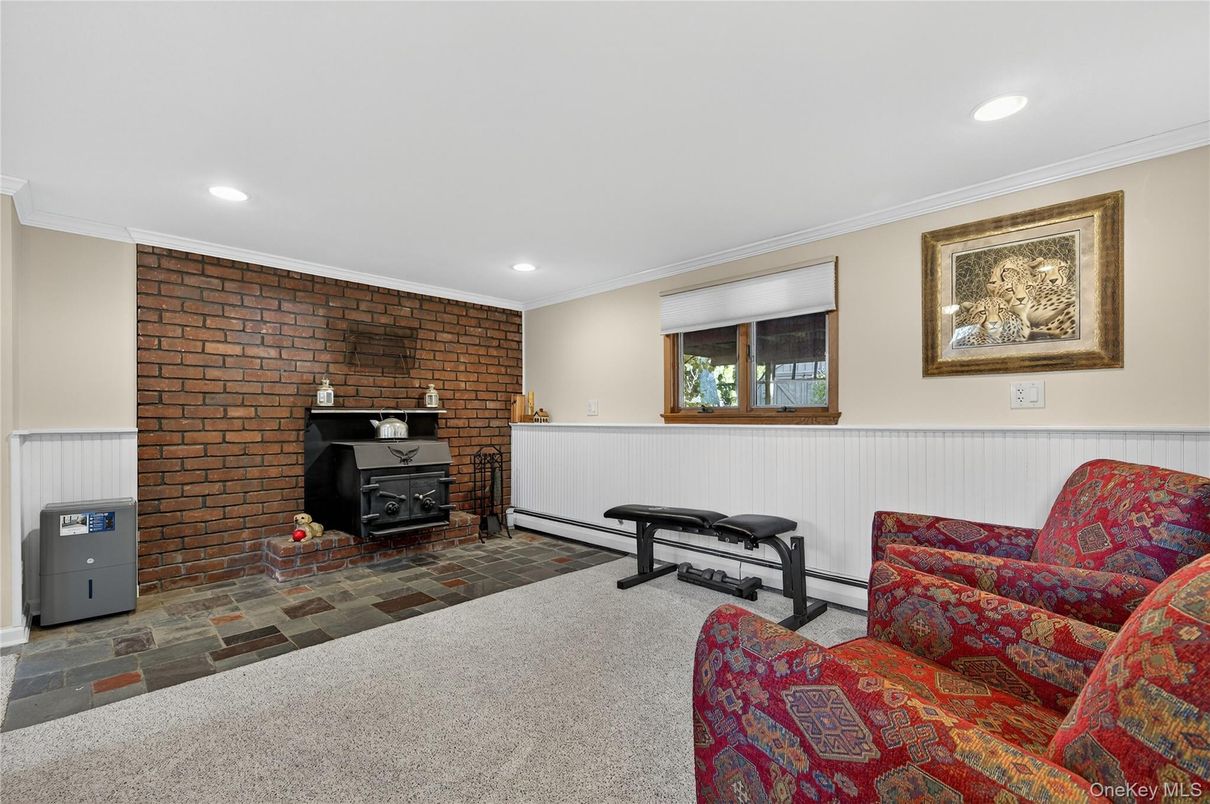 Fireplace, Interior, Recessed Lighting, Stone Walls