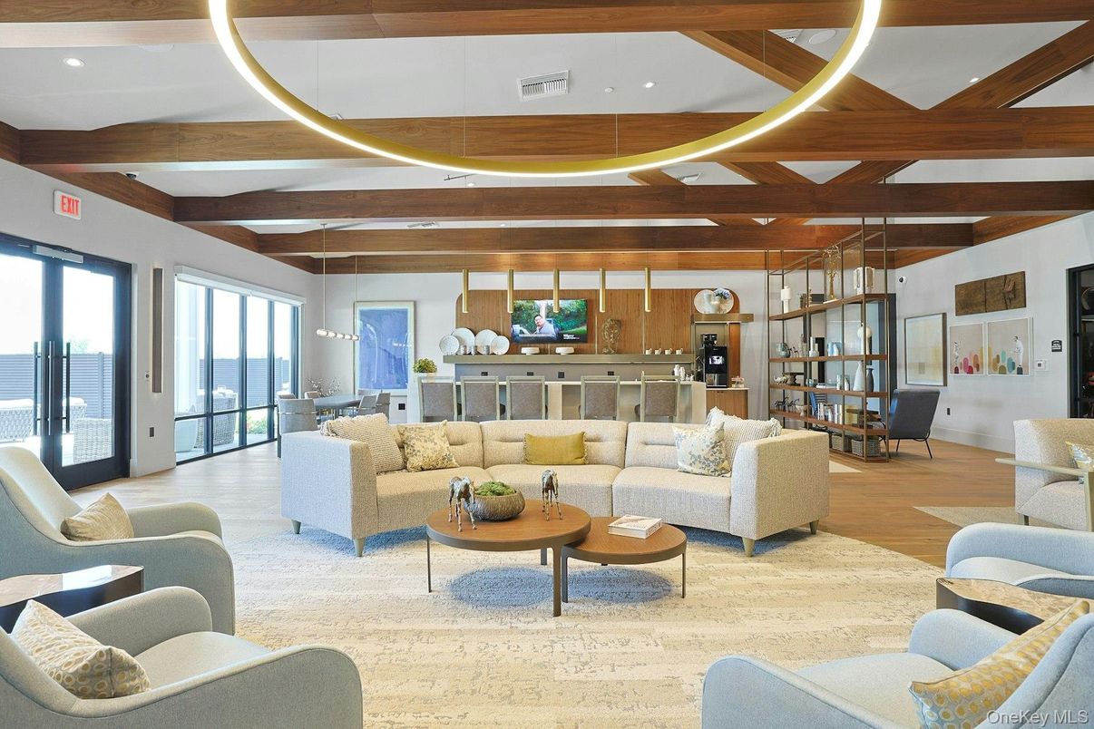 Interior, Living room, Pendant Lights, Recessed Lighting, Water, Wooden Beams, Wood Texture Flooring