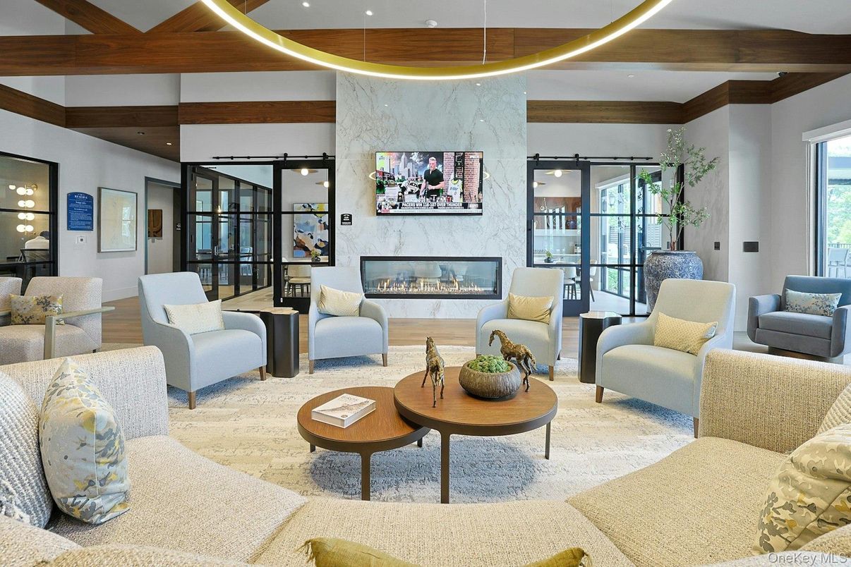 Fireplace, Interior, Living room, Marble Walls, Recessed Lighting, Wooden Beams