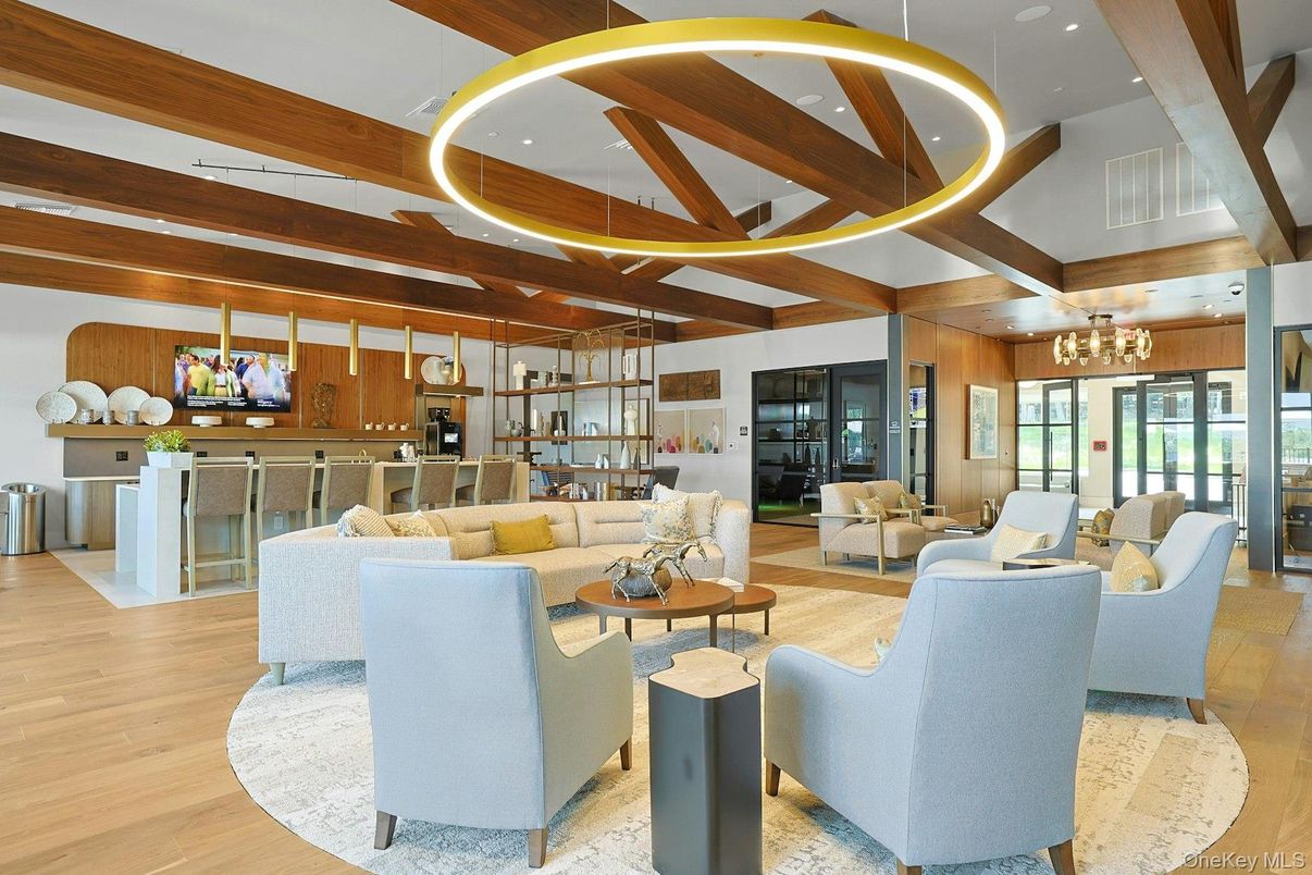 Chandelier, Interior, Living room, Pendant Lights, Recessed Lighting, Wooden Beams, Wood Texture Flooring, Wooden Walls