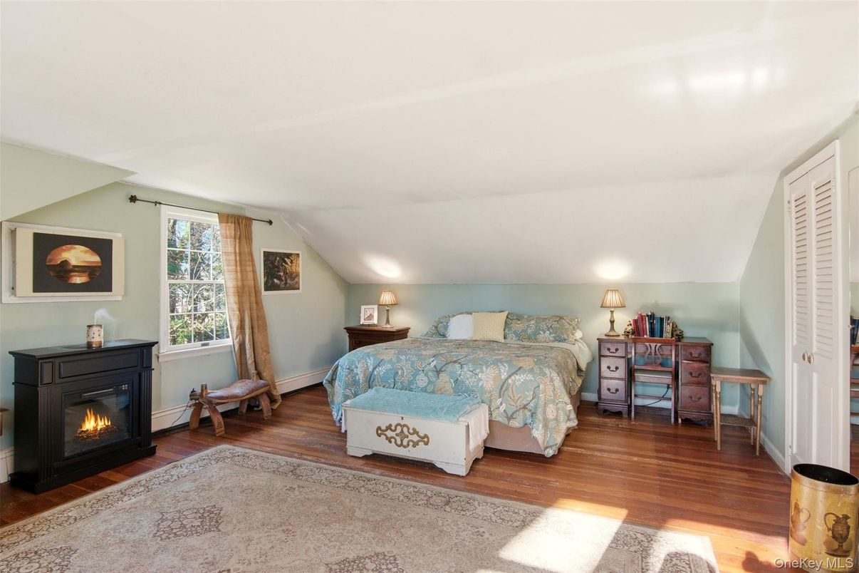 Bedroom, Fireplace, Interior, Wood Texture Flooring