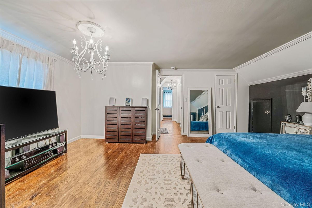 Bedroom, Chandelier, Interior, Wood Texture Flooring