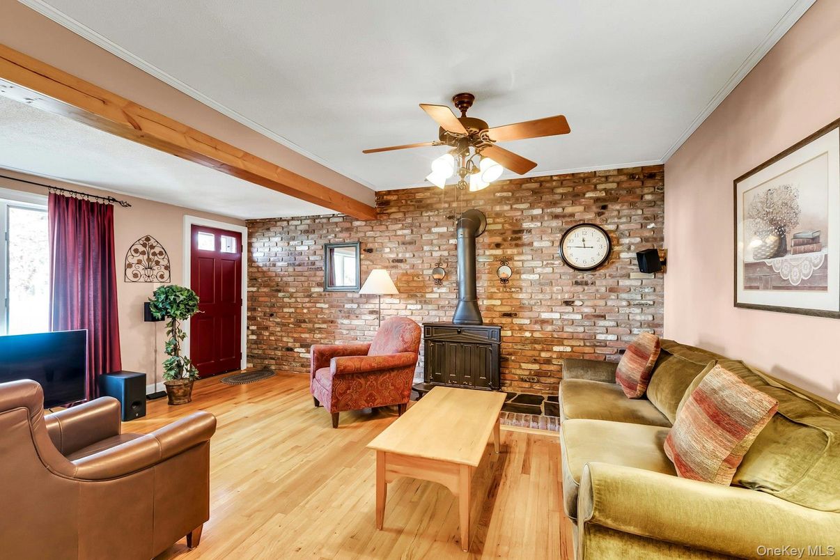 Fireplace, Interior, Living room, Stone Walls, Wooden Beams, Wood Texture Flooring