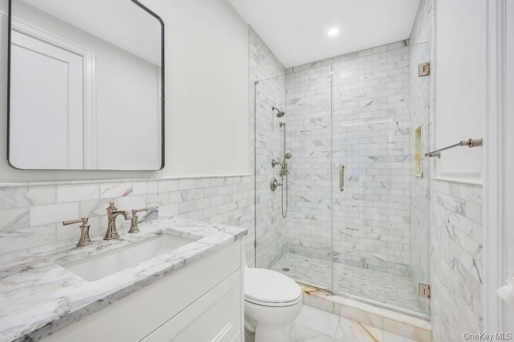 Bathroom, Glass Shower, Interior, Marble Walls, Recessed Lighting
