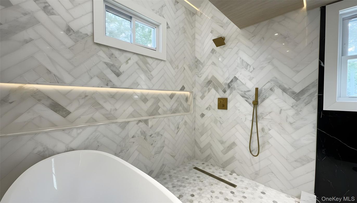 Bathroom, Free Standing Baths, Glass Shower, Interior, Marble Walls