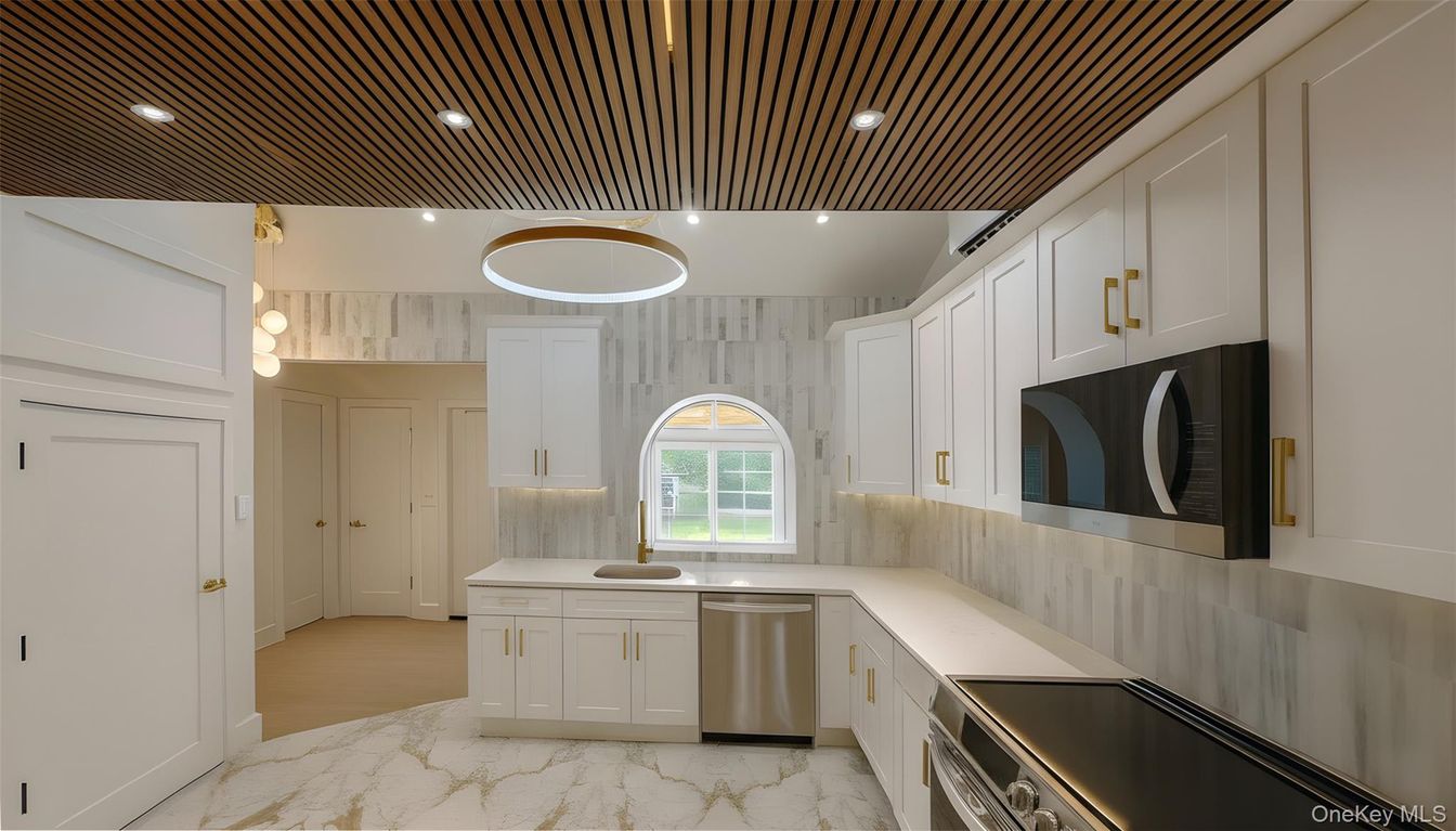 Interior, Kitchen, Marble, Pendant Lights, Recessed Lighting, Stainless Steel Appliances