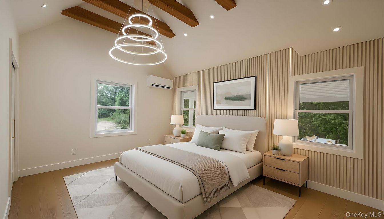 Bedroom, Interior, Pendant Lights, Recessed Lighting, Wooden Beams