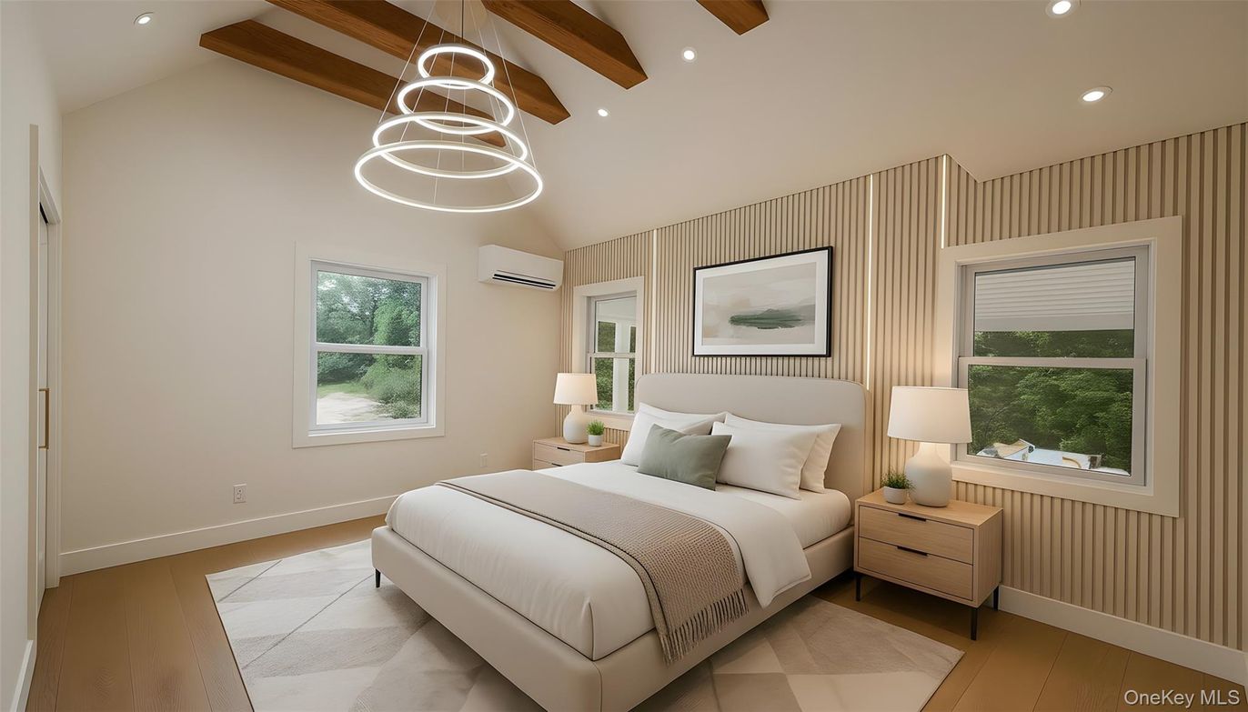 Bedroom, Interior, Pendant Lights, Recessed Lighting, Wooden Beams
