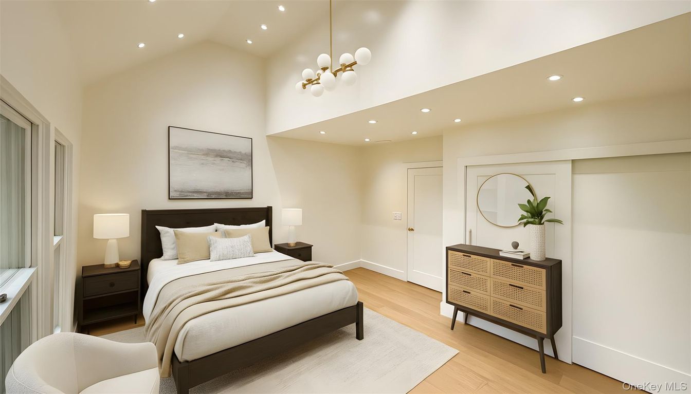 Bedroom, Interior, Pendant Lights, Recessed Lighting, Wood Texture Flooring