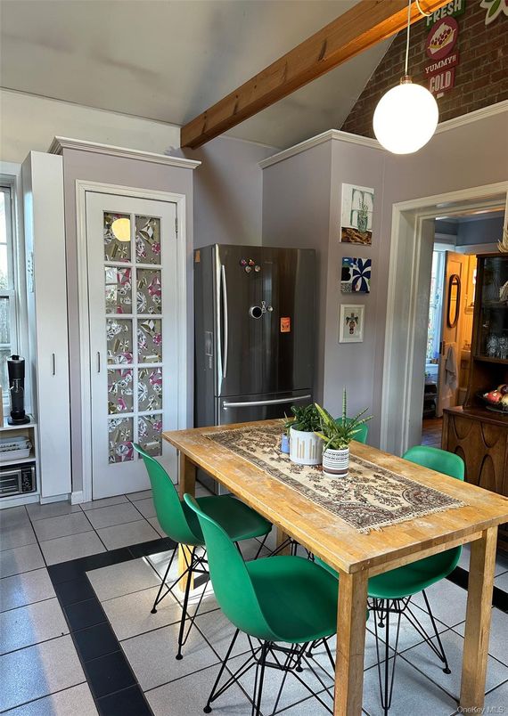 Dining room, Interior, Kitchen, Pendant Lights, Stainless Steel Appliances, Wooden Beams