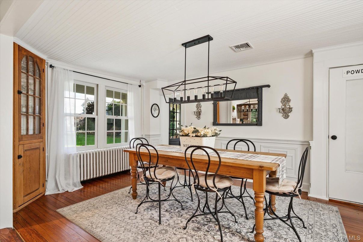 Dining room, Interior, Pendant Lights, Wood Texture Flooring