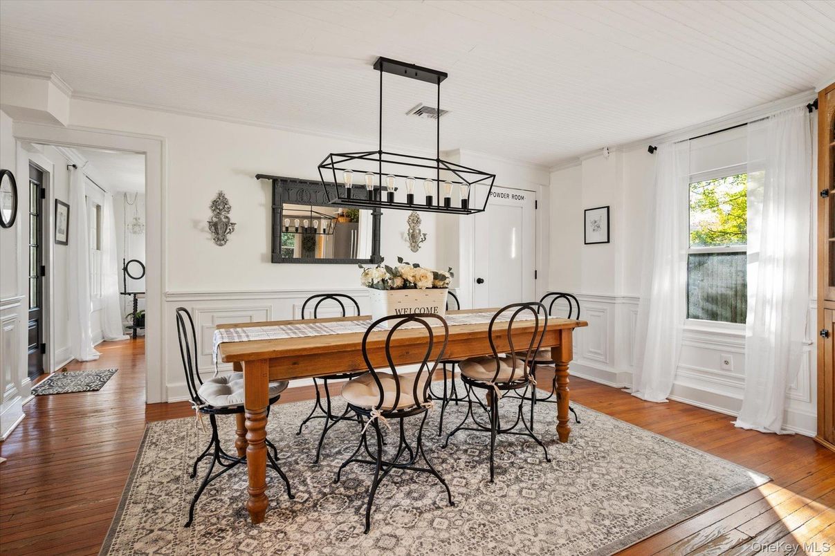 Dining room, Interior, Pendant Lights, Wood Texture Flooring