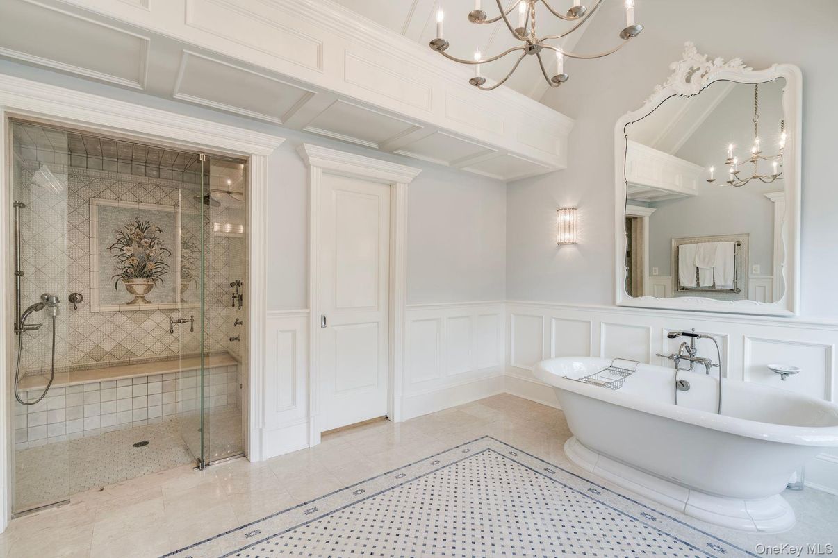 Bathroom, Chandelier, Free Standing Baths, Glass Shower, Interior