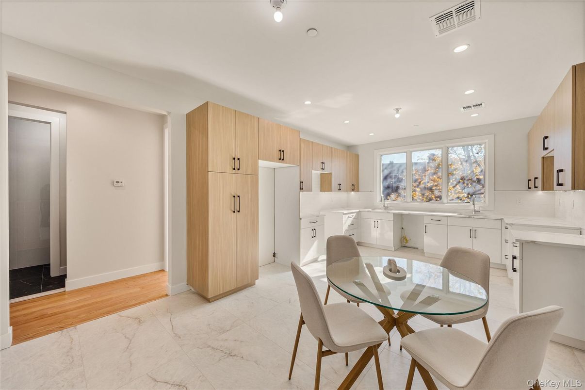 Dining room, Interior, Kitchen, Marble, Recessed Lighting, Wood Texture Flooring