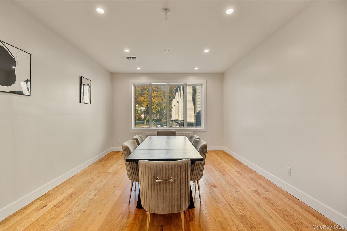 Dining room, Interior, Recessed Lighting, Wood Texture Flooring
