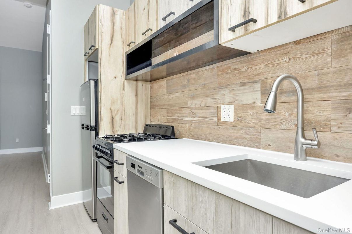 Interior, Kitchen, Stainless Steel Appliances, Wood Texture Flooring, Wooden Walls