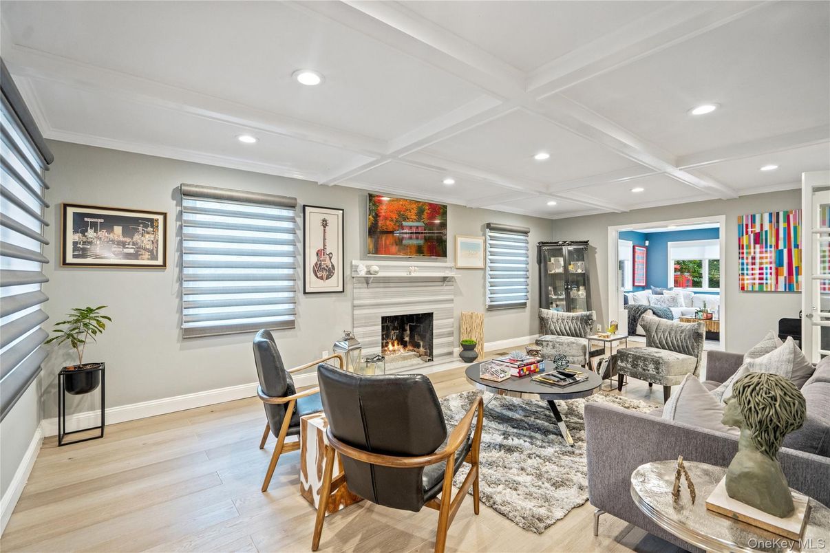 Fireplace, Interior, Living room, Recessed Lighting, Wood Texture Flooring