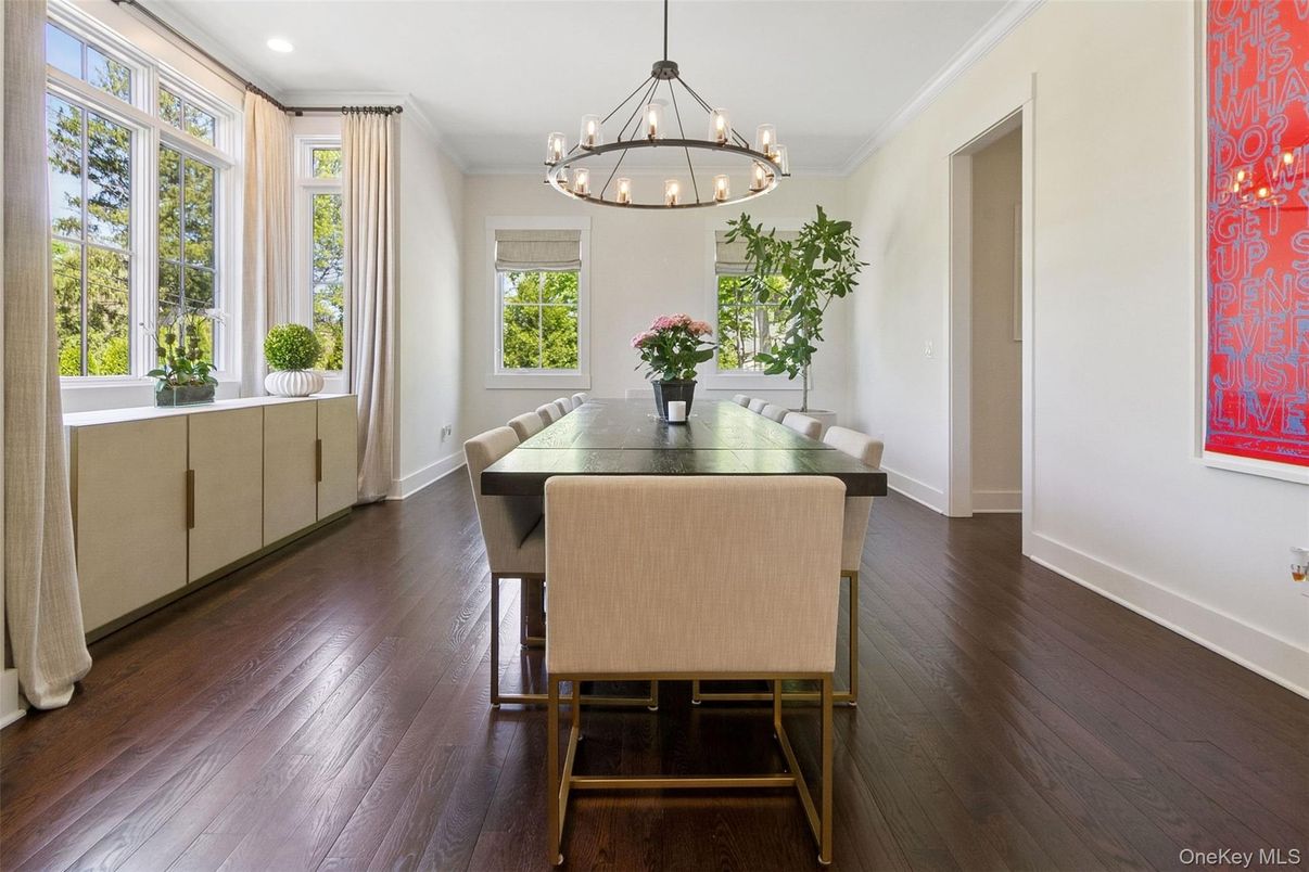 Chandelier, Dining room, Interior, Pendant Lights, Recessed Lighting, Wood Texture Flooring