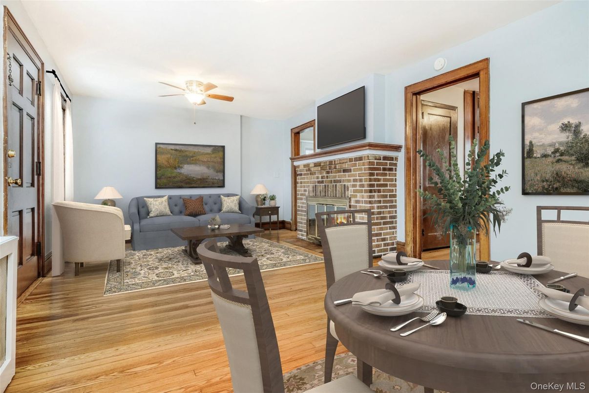 Dining room, Fireplace, Interior, Living room, Wood Texture Flooring