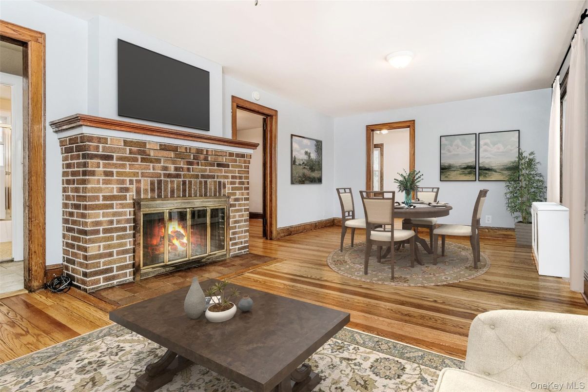 Dining room, Fireplace, Interior, Wood Texture Flooring