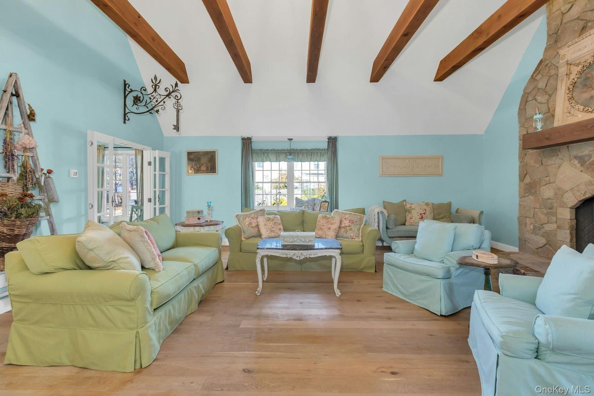 Fireplace, Interior, Living room, Stone Walls, Wooden Beams, Wood Texture Flooring